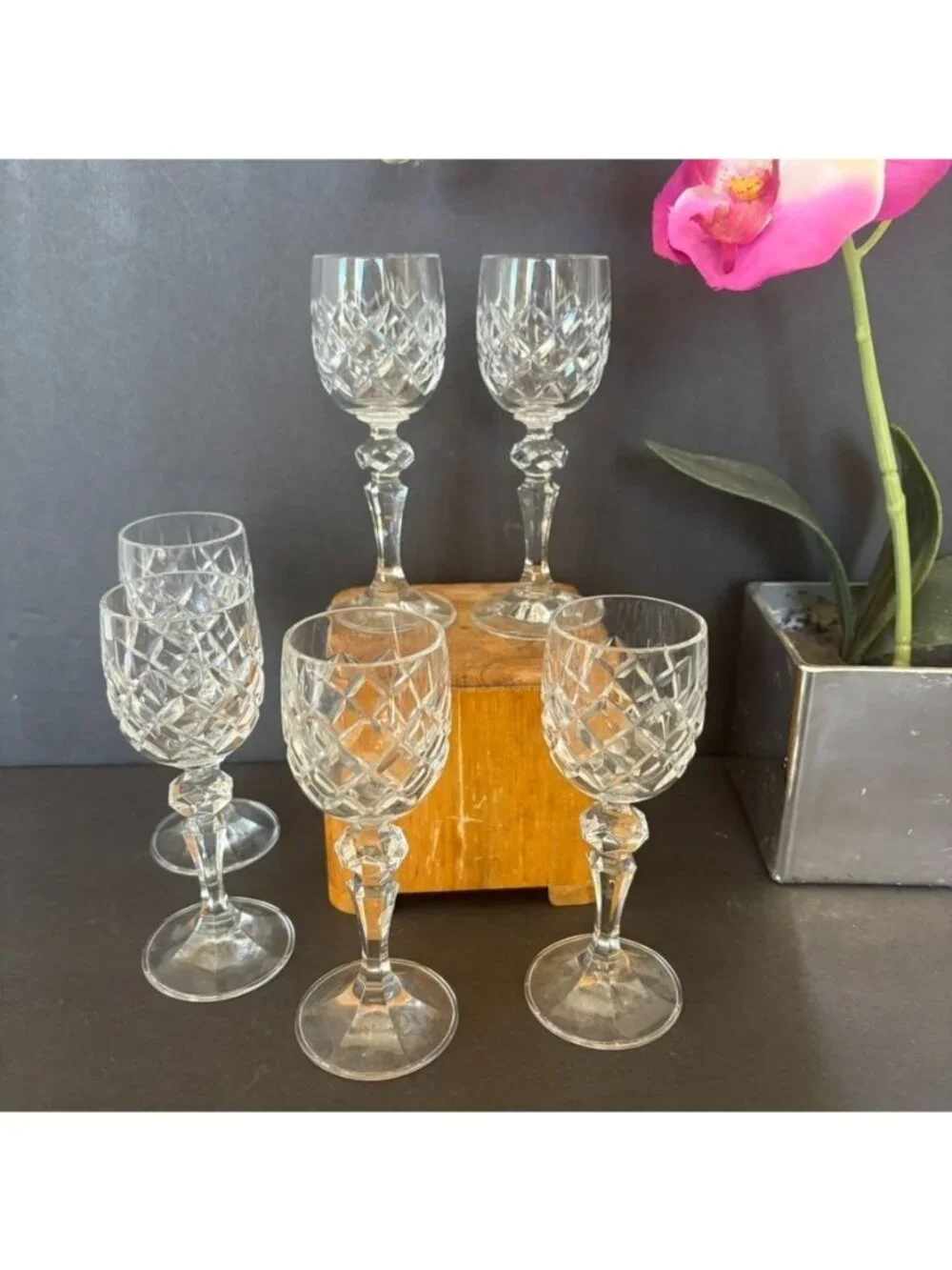 Set Of 6 Mirell Crystal Cordial Glasses By Bohemia Discontinued Diamond Cut